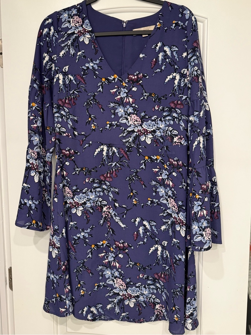 LOFT purple Floral Long-Sleeve V-Neck Dress